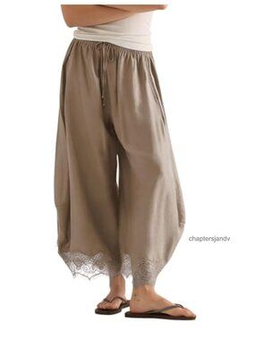 Cropped Wide Leg Pants High Waist Drawstring Lace Hem Palazzo